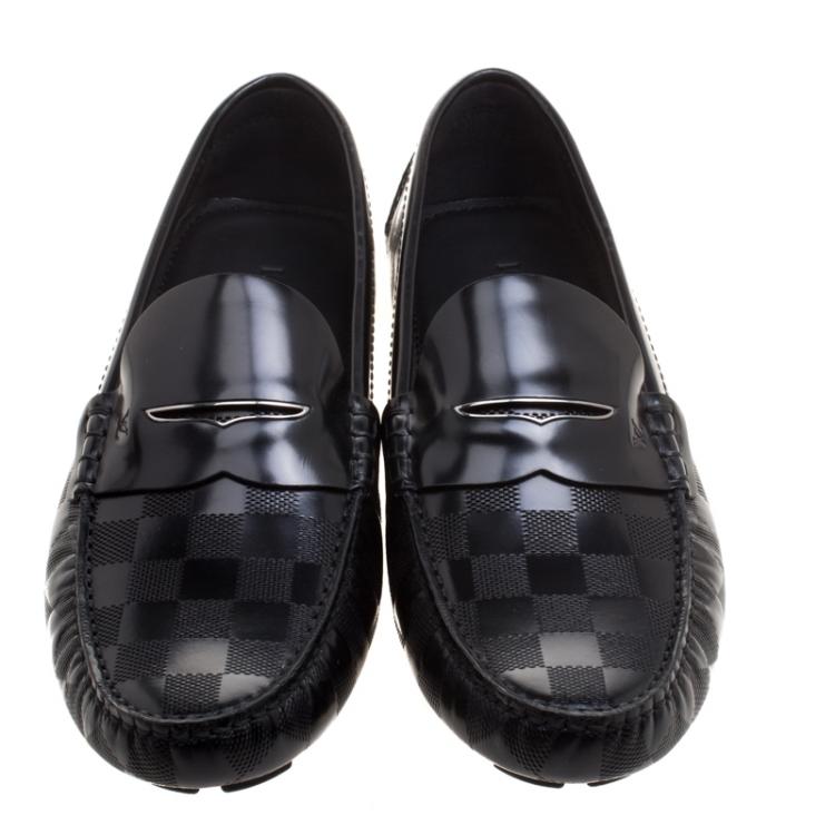 Pre Owned Louis Vuitton Black Damier Embossed Shade Penny Loafers Size 42