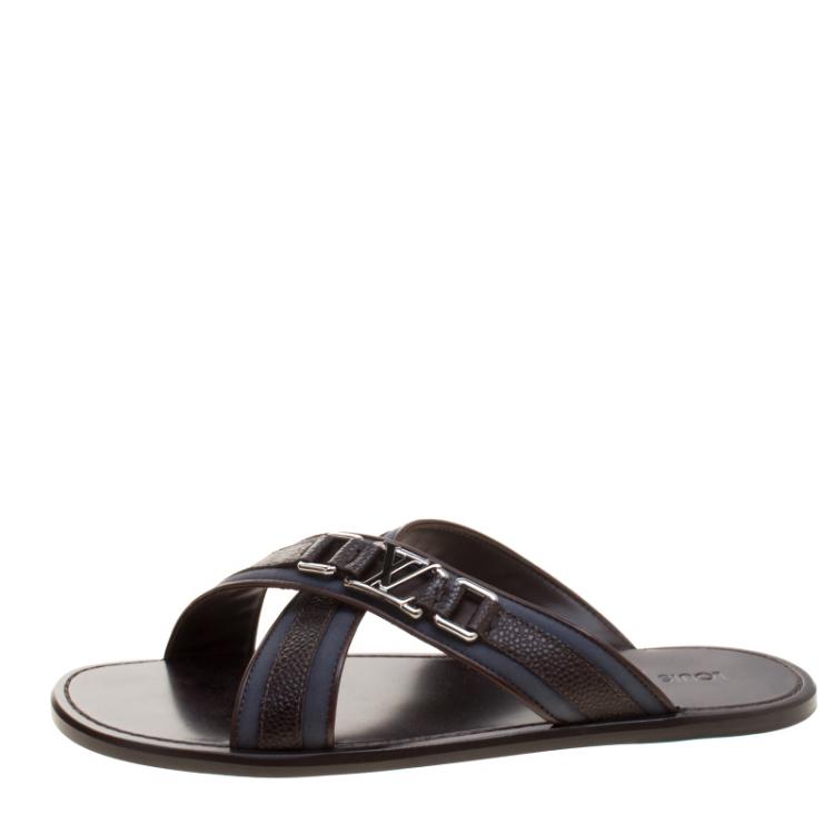 Pre Owned Louis Vuitton Two Tone Leather and Fabric Criss-Cross Sandals Size 41.5