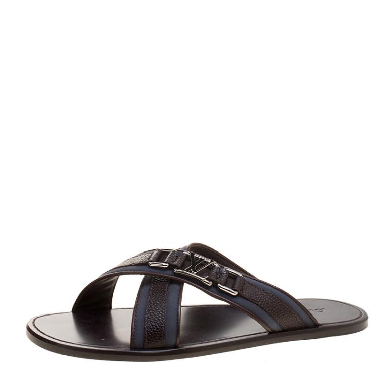 Pre Owned Louis Vuitton Two Tone Leather and Fabric Criss-Cross Sandals Size 41.5