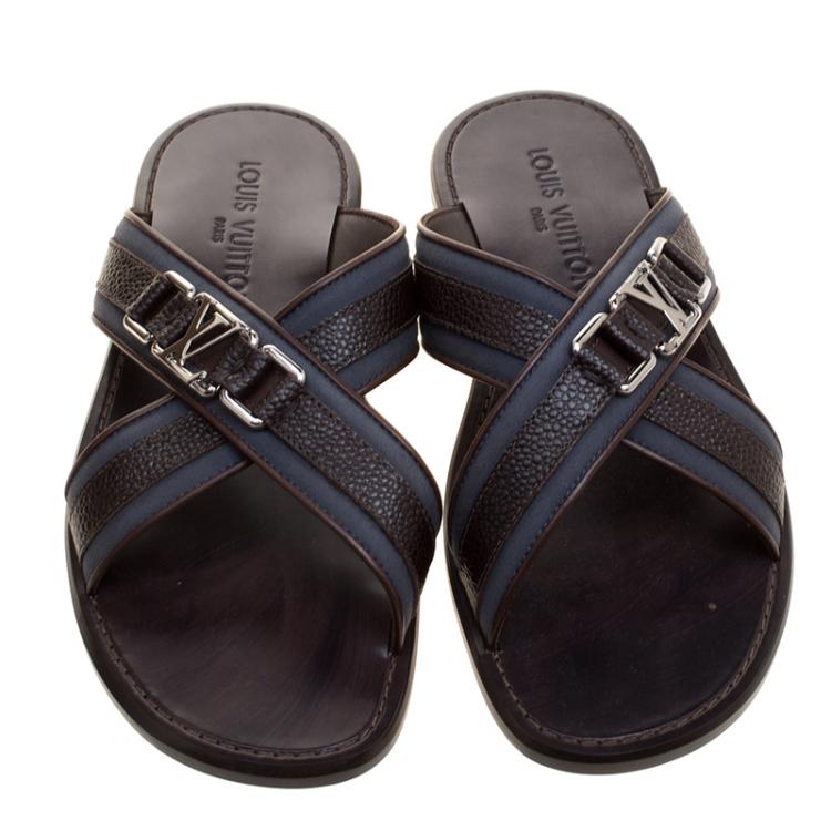 Pre Owned Louis Vuitton Two Tone Leather and Fabric Criss-Cross Sandals Size 41.5