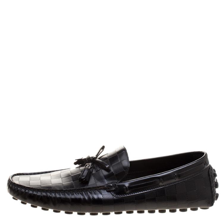 Pre Owned Louis Vuitton Black Damier Embossed Leather Bow Detail Loafers Size 43.5