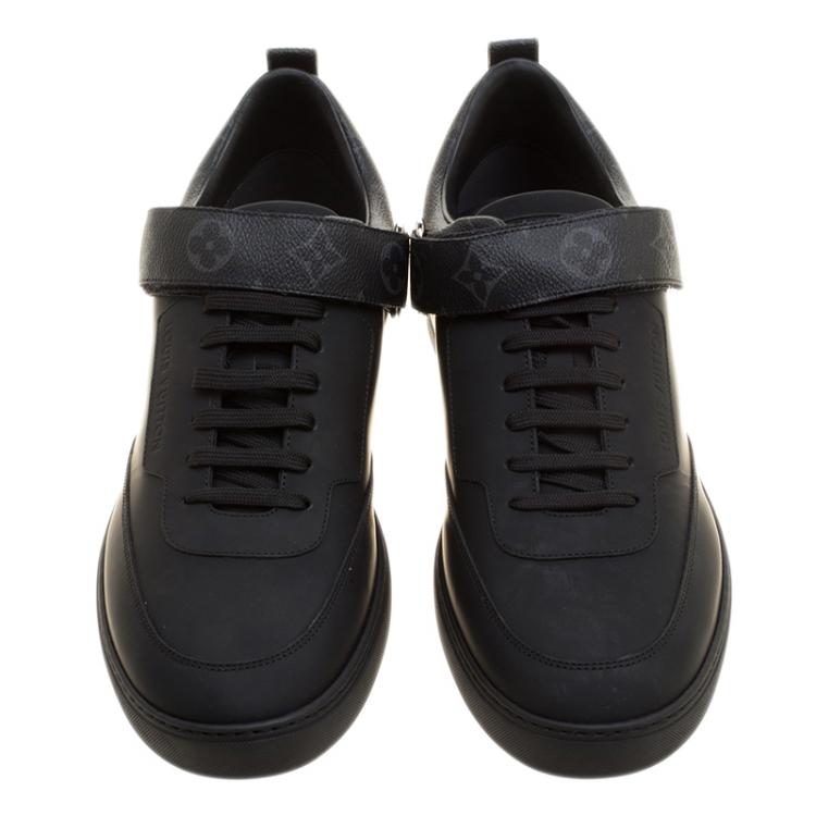 Pre Owned Louis Vuitton Black Leather and Monogram Canvas Passenger Lace Up Sneakers Size 43