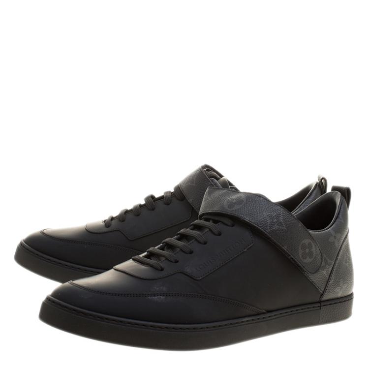 Pre Owned Louis Vuitton Black Leather and Monogram Canvas Passenger Lace Up Sneakers Size 43