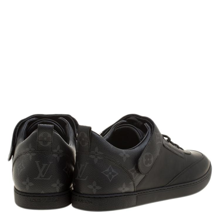 Pre Owned Louis Vuitton Black Leather and Monogram Canvas Passenger Lace Up Sneakers Size 43