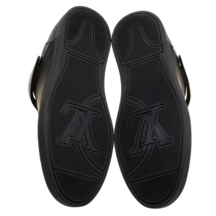 Pre Owned Louis Vuitton Black Leather and Monogram Canvas Passenger Lace Up Sneakers Size 43