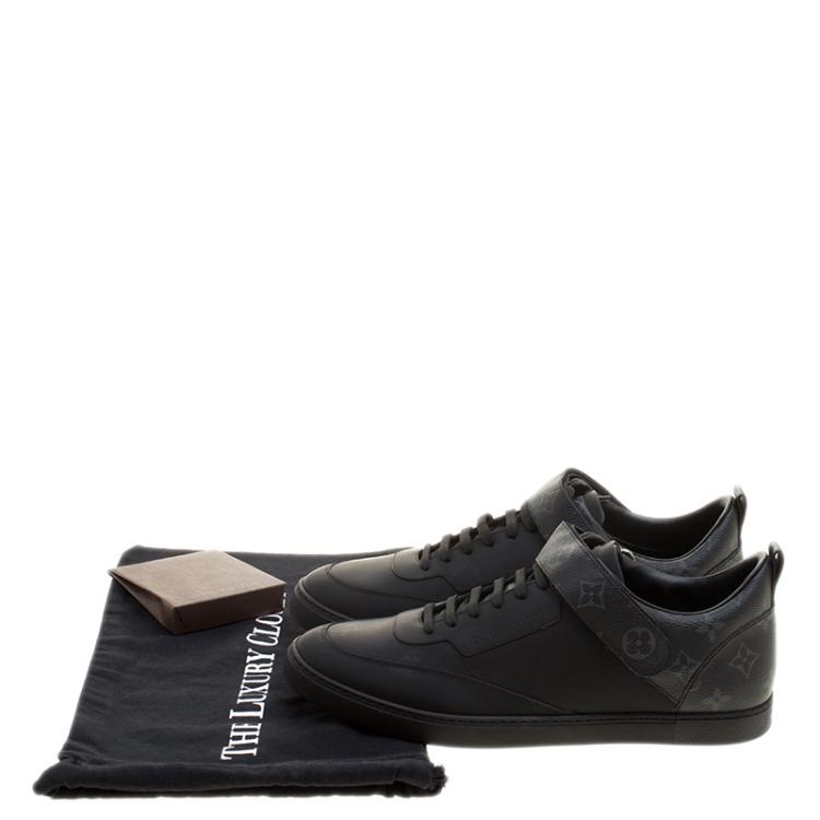 Pre Owned Louis Vuitton Black Leather and Monogram Canvas Passenger Lace Up Sneakers Size 43