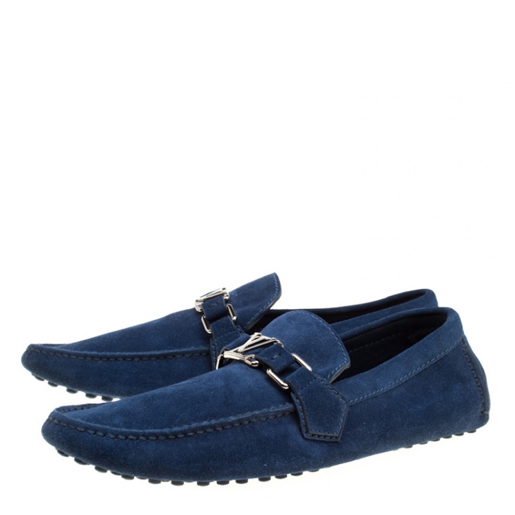 Pre Owned Louis Vuitton Blue Suede Hockenheim Loafers Size 41.5