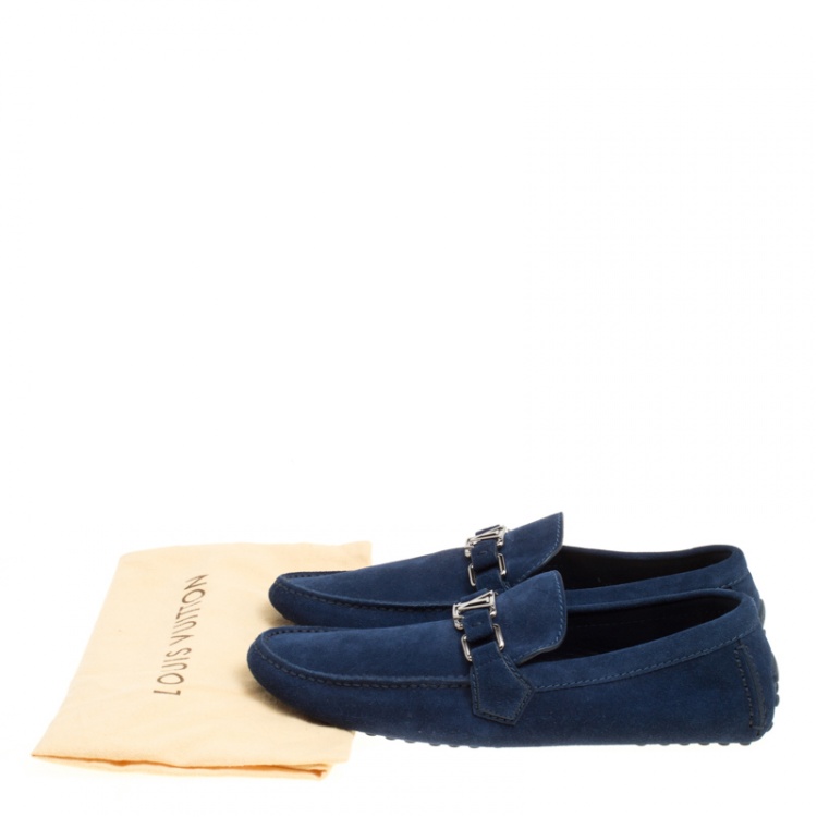Pre Owned Louis Vuitton Blue Suede Hockenheim Loafers Size 41.5