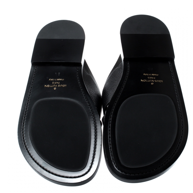 Pre Owned Louis Vuitton Black Leather Foch Cross Strap Flat Slides Size 42.5