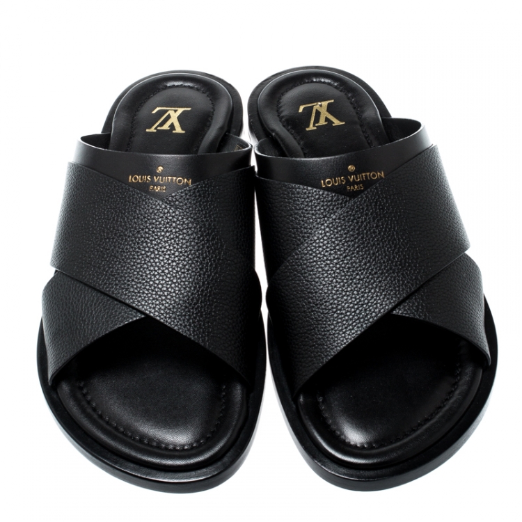 Pre Owned Louis Vuitton Black Leather Foch Cross Strap Flat Slides Size 42.5