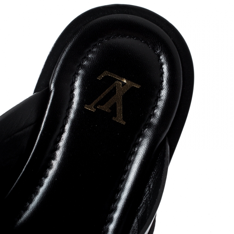Pre Owned Louis Vuitton Black Leather Foch Cross Strap Flat Slides Size 42.5