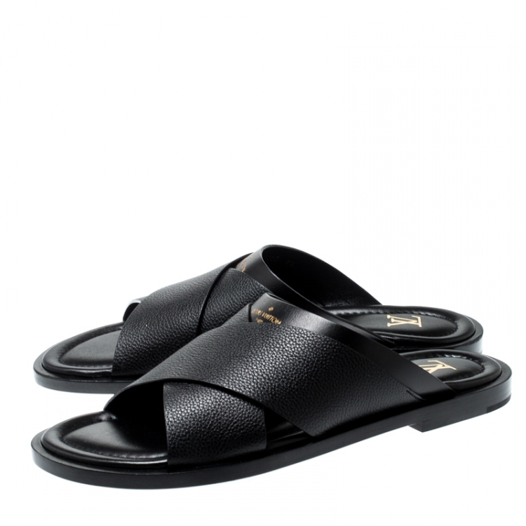 Pre Owned Louis Vuitton Black Leather Foch Cross Strap Flat Slides Size 42.5