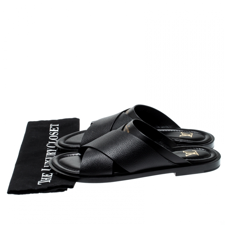 Pre Owned Louis Vuitton Black Leather Foch Cross Strap Flat Slides Size 42.5