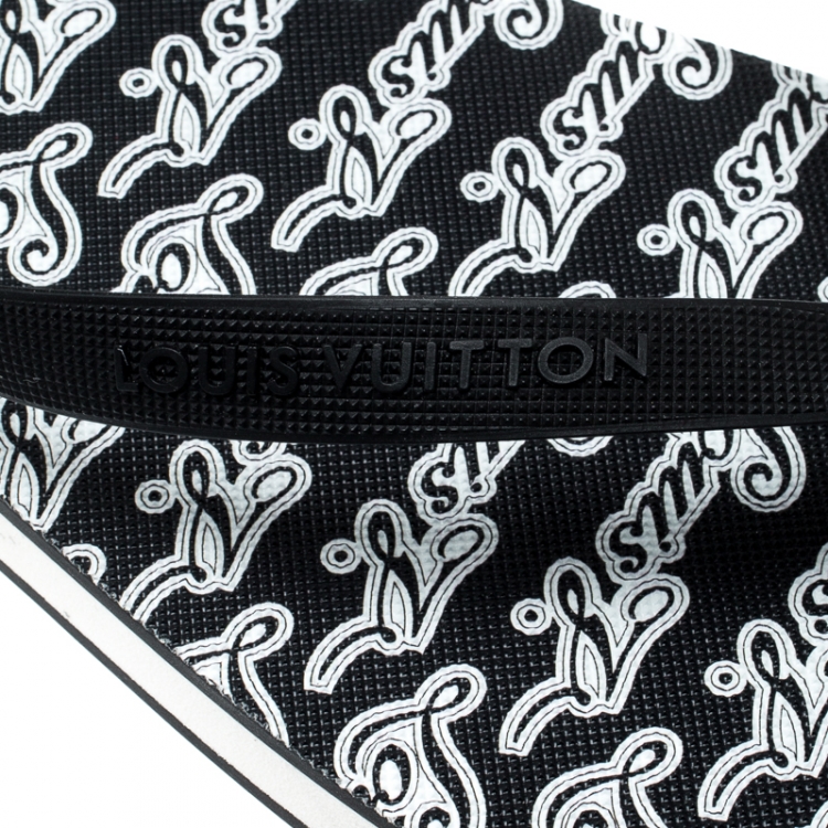 Pre Owned Louis Vuitton Monochrome Logo Print Rubber Molitor Thong Flip Flops Size 44