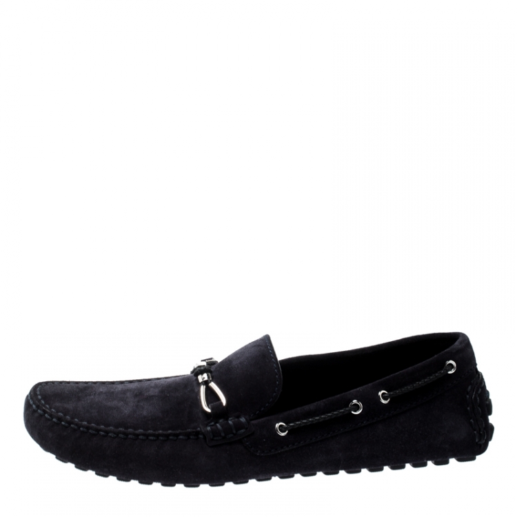 Pre Owned Louis Vuitton Oxford Blue Suede Braid Knot Detail Loafers Size 43.5