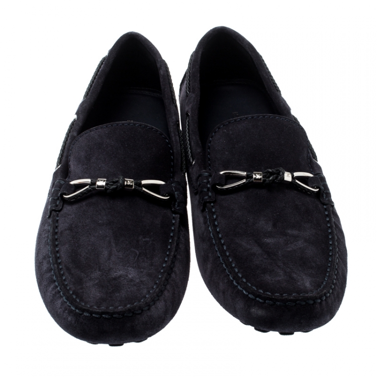 Pre Owned Louis Vuitton Oxford Blue Suede Braid Knot Detail Loafers Size 43.5