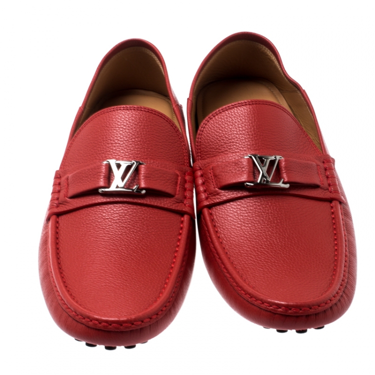 Pre Owned Louis Vuitton Red Grained Leather Hockenheim Loafers Size 43