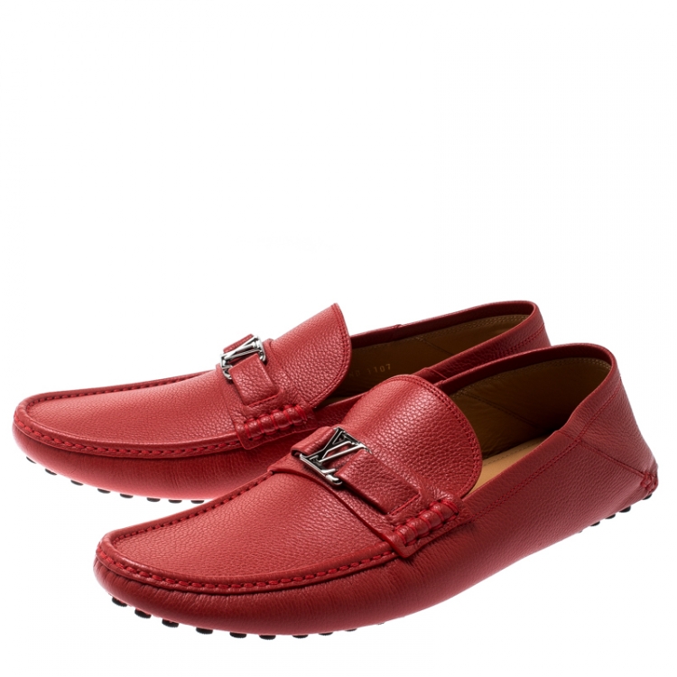 Pre Owned Louis Vuitton Red Grained Leather Hockenheim Loafers Size 43