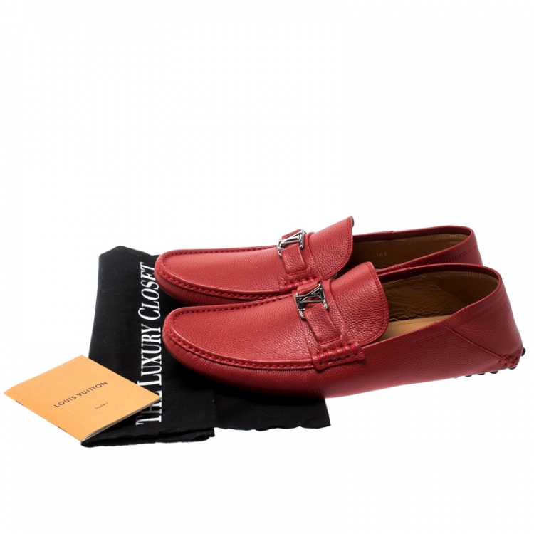 Pre Owned Louis Vuitton Red Grained Leather Hockenheim Loafers Size 43