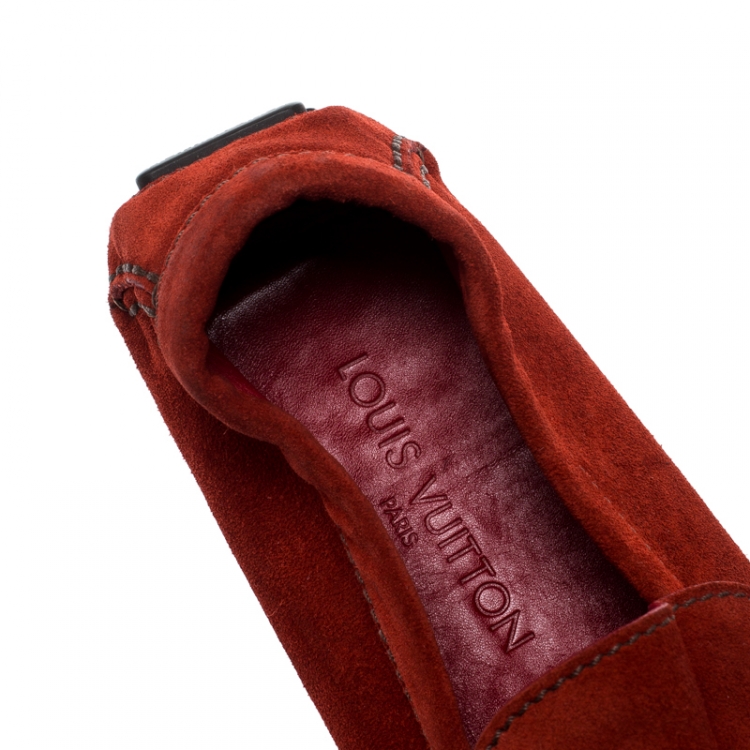 Pre Owned Louis Vuitton Orange Suede Loafers Size 45