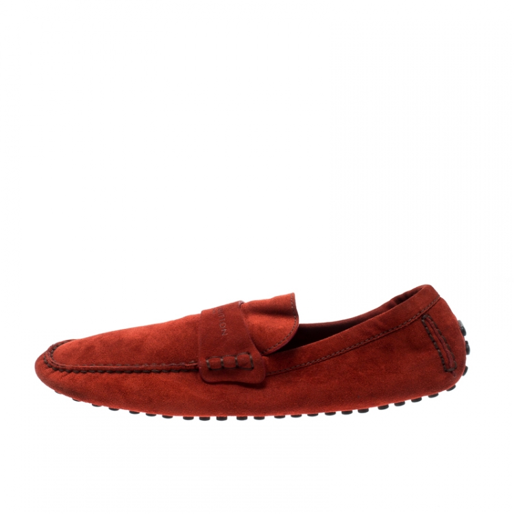 Pre Owned Louis Vuitton Orange Suede Loafers Size 45