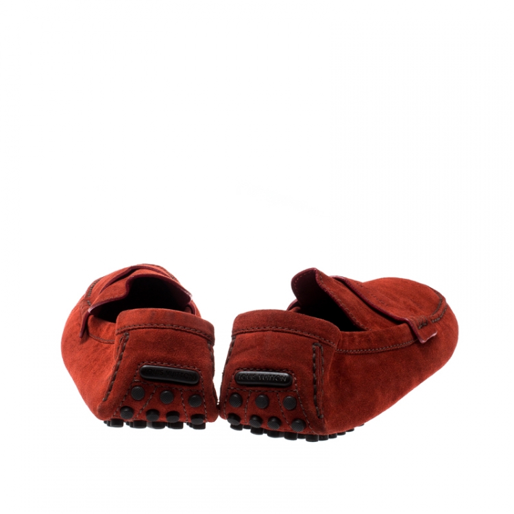 Pre Owned Louis Vuitton Orange Suede Loafers Size 45