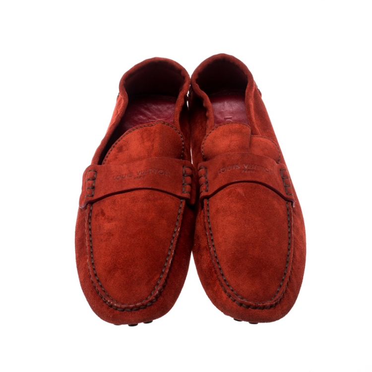 Pre Owned Louis Vuitton Orange Suede Loafers Size 45