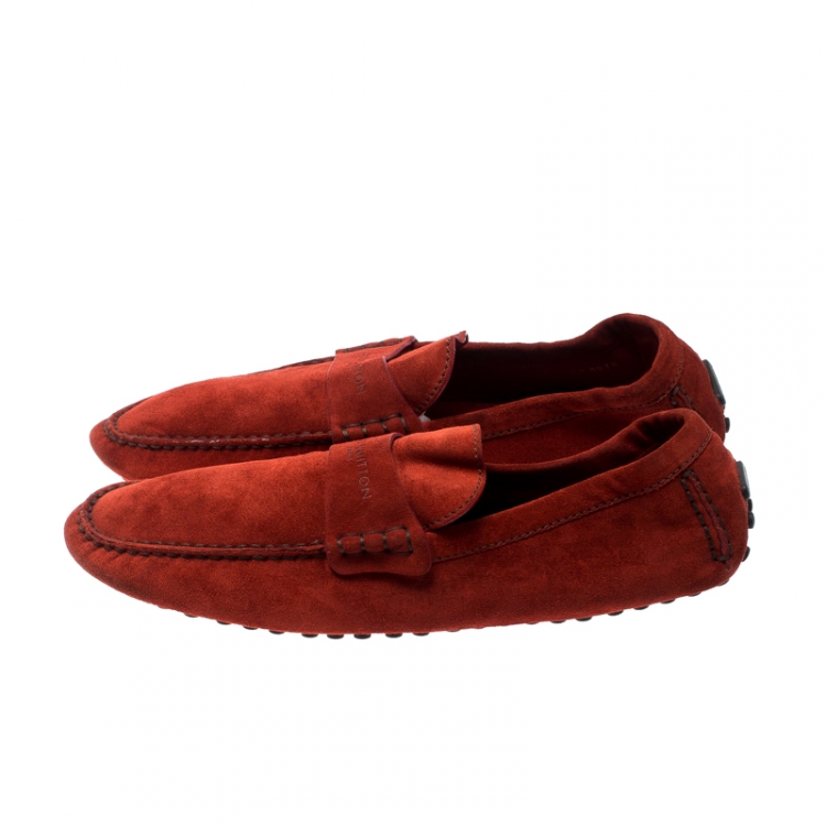 Pre Owned Louis Vuitton Orange Suede Loafers Size 45