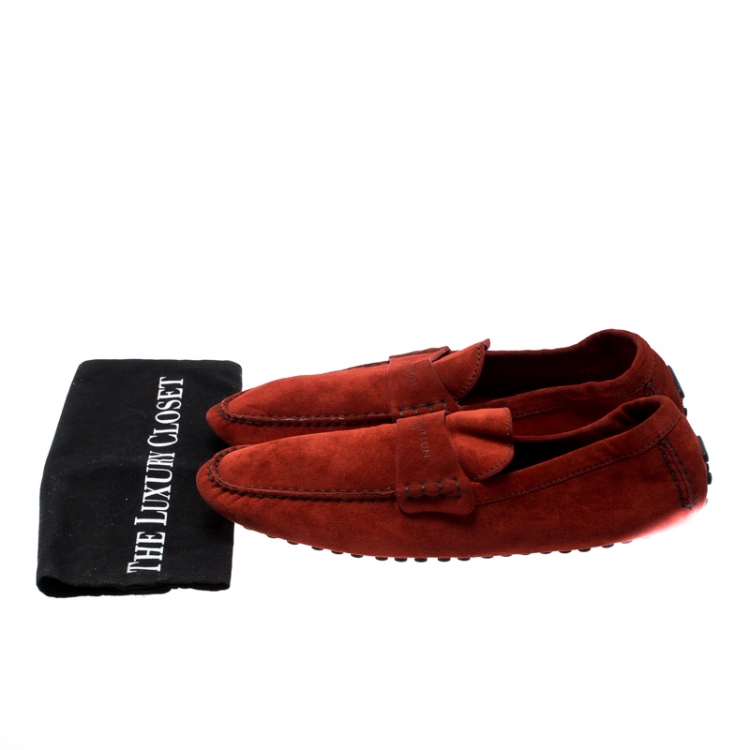 Pre Owned Louis Vuitton Orange Suede Loafers Size 45