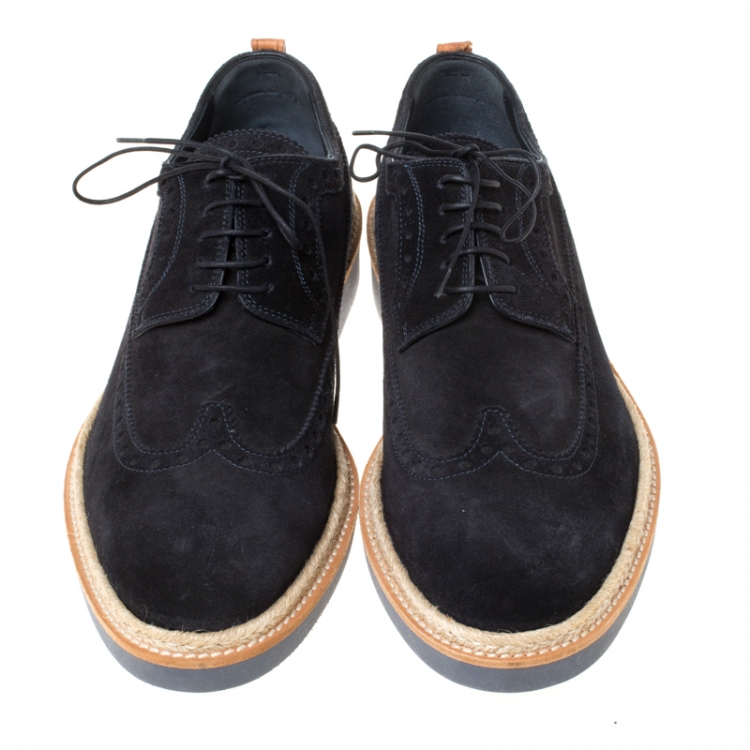 Pre Owned Louis Vuitton Oxford Blue Brogue Suede Espadrille Trim Lace Up Derby Size 42