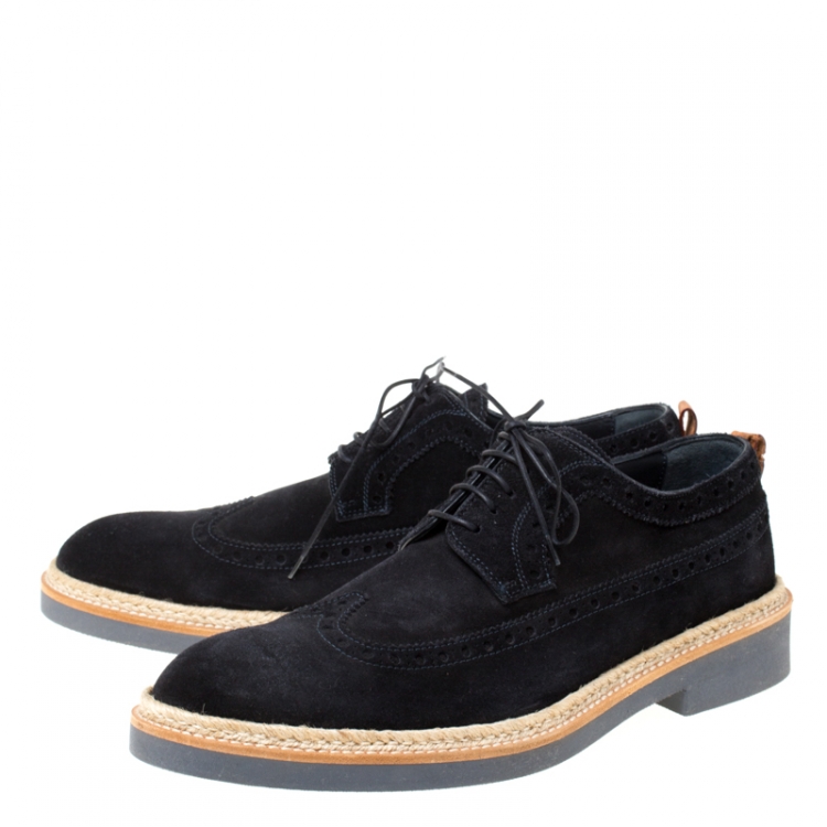 Pre Owned Louis Vuitton Oxford Blue Brogue Suede Espadrille Trim Lace Up Derby Size 42