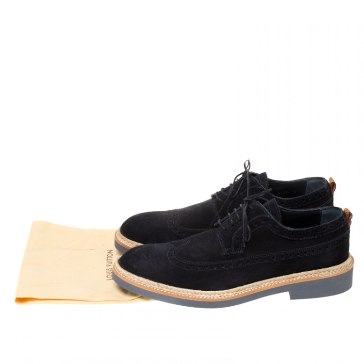Pre Owned Louis Vuitton Oxford Blue Brogue Suede Espadrille Trim Lace Up Derby Size 42