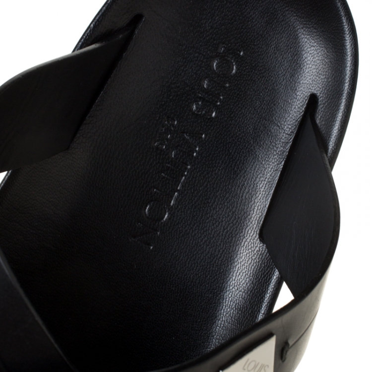 Pre Owned Louis Vuitton Black Leather Pioneer Cross Strap Flat Slides Size 45