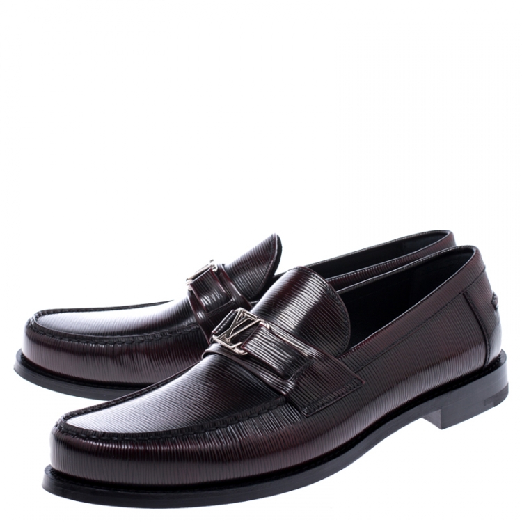 Pre Owned Louis Vuitton Black/Red Epi Leather Major Logo Detail Loafers Size 43