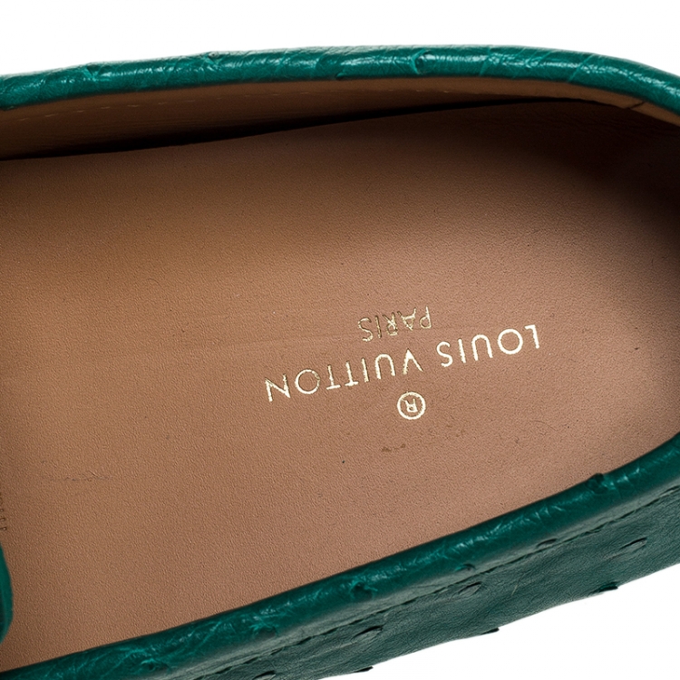 Pre Owned Louis Vuitton Green Ostrich Leather Logo Detail Slip On Loafers Size 42.5