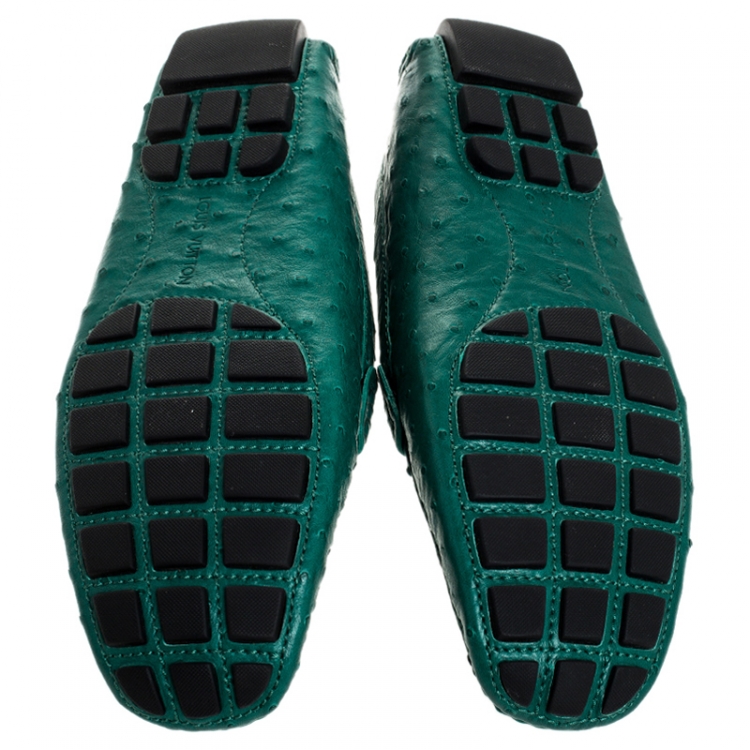 Pre Owned Louis Vuitton Green Ostrich Leather Logo Detail Slip On Loafers Size 42.5