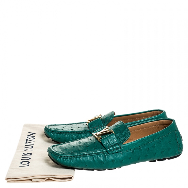 Pre Owned Louis Vuitton Green Ostrich Leather Logo Detail Slip On Loafers Size 42.5