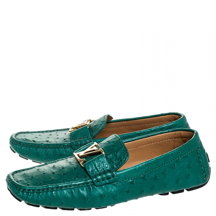 Pre Owned Louis Vuitton Green Ostrich Leather Logo Detail Slip On Loafers Size 42.5