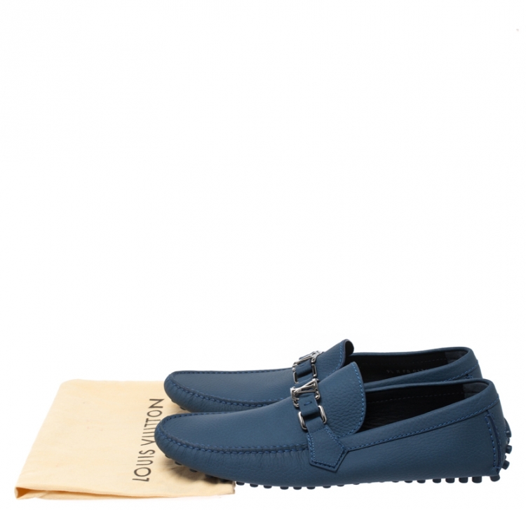 Pre Owned Louis Vuitton Blue Textured Leather Hockenheim Moccasins Size 43.5