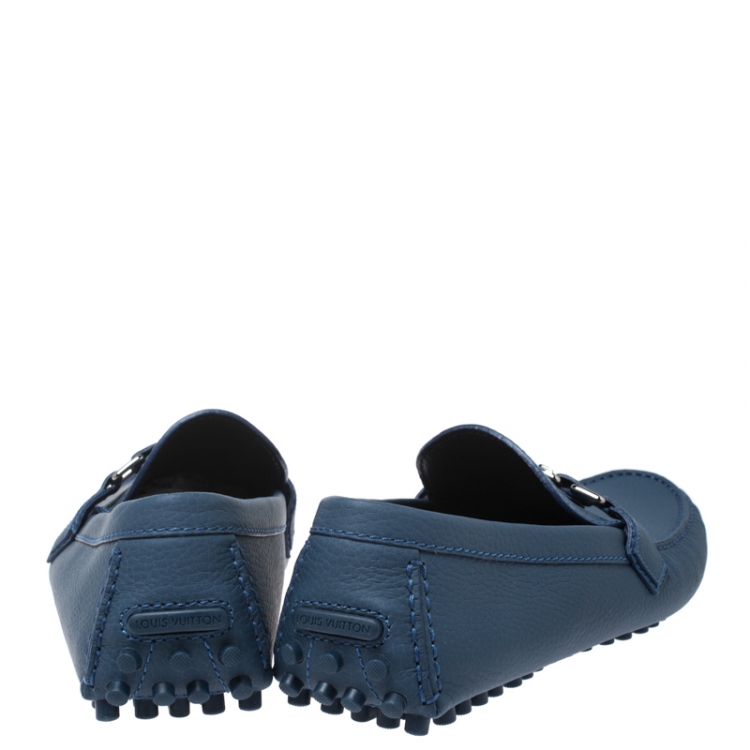 Pre Owned Louis Vuitton Blue Textured Leather Hockenheim Moccasins Size 43.5