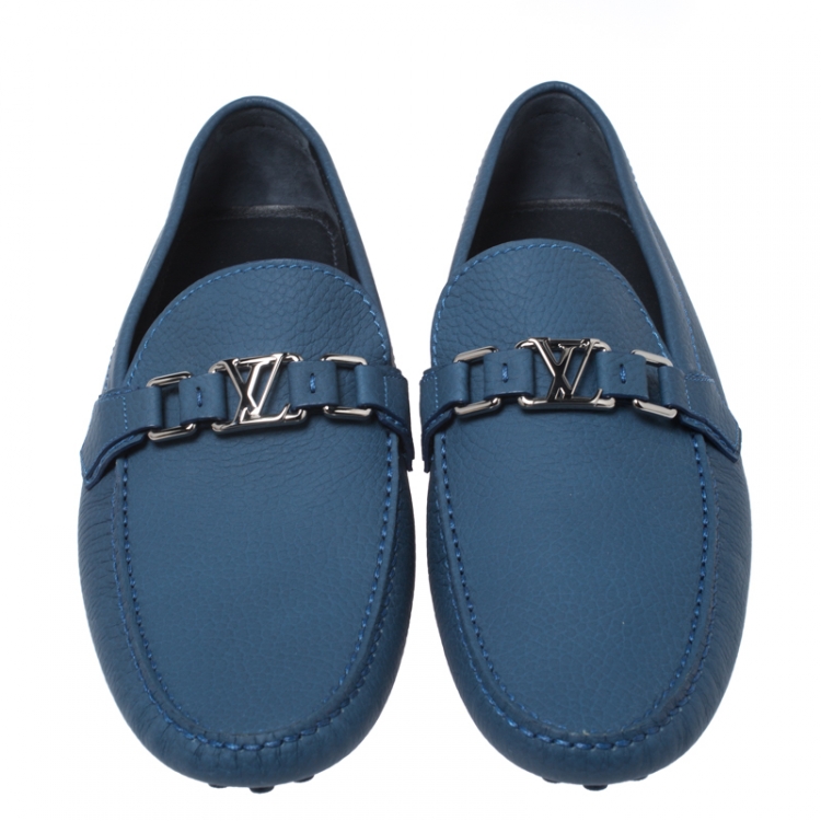 Pre Owned Louis Vuitton Blue Textured Leather Hockenheim Moccasins Size 43.5
