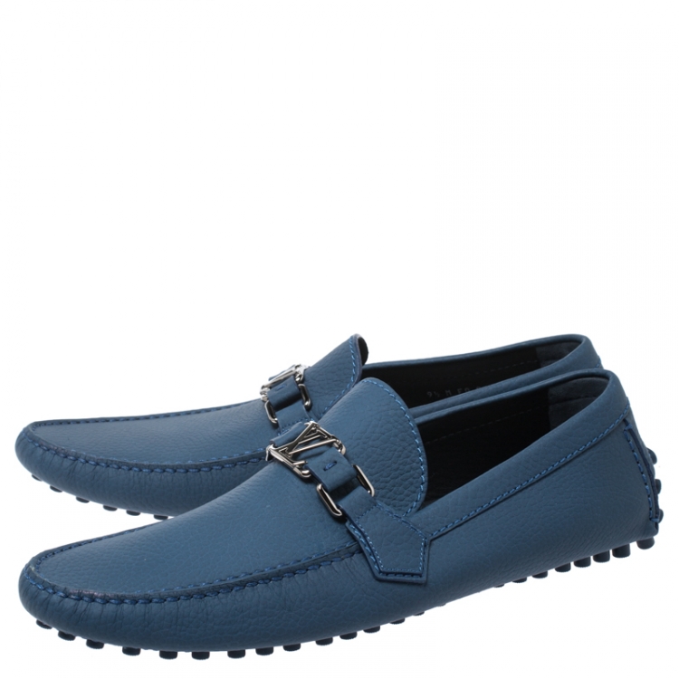 Pre Owned Louis Vuitton Blue Textured Leather Hockenheim Moccasins Size 43.5
