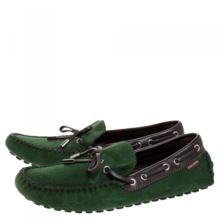 Pre Owned Louis Vuitton Green Suede Leather Bow Loafers Size 41