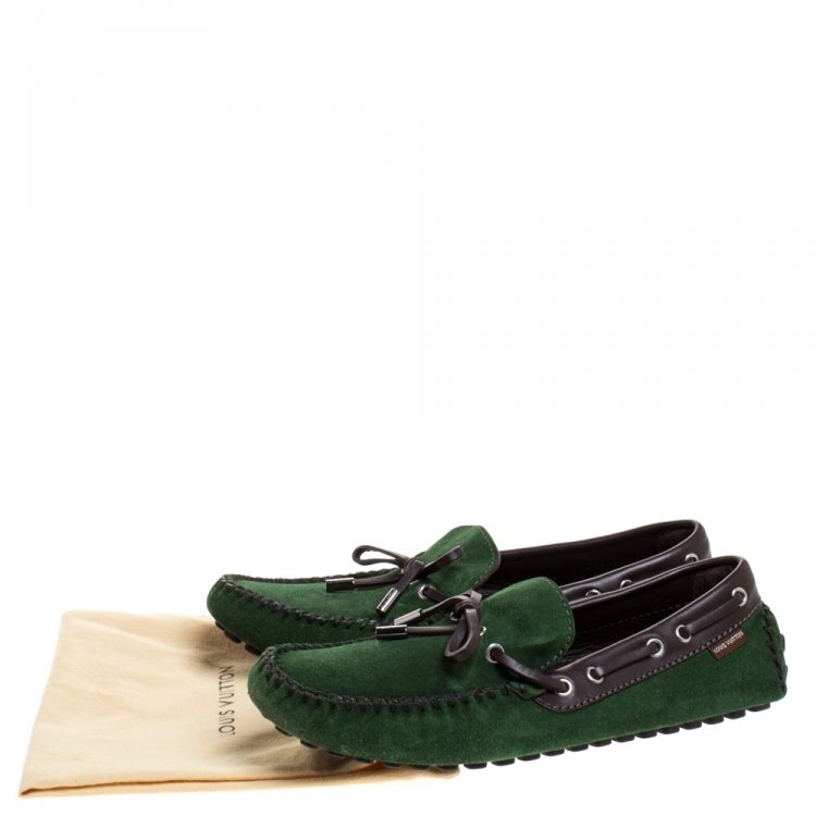 Pre Owned Louis Vuitton Green Suede Leather Bow Loafers Size 41
