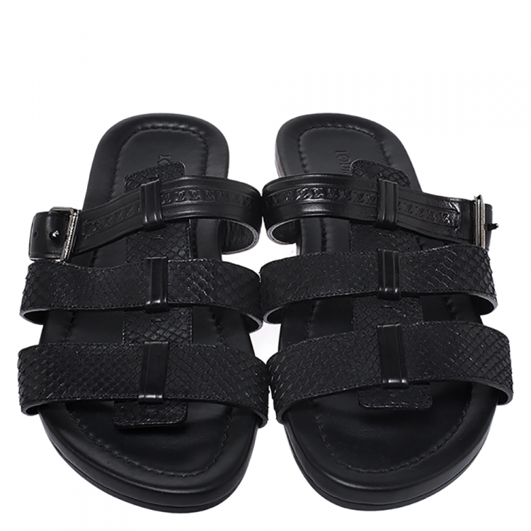 Pre Owned Louis Vuitton Black Python And Leather Slip On Flat Sandals Size 43