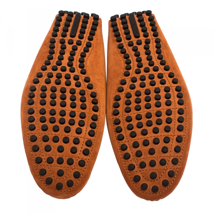 Pre Owned Louis Vuitton Orange Suede Hockenheim Loafers Size 43
