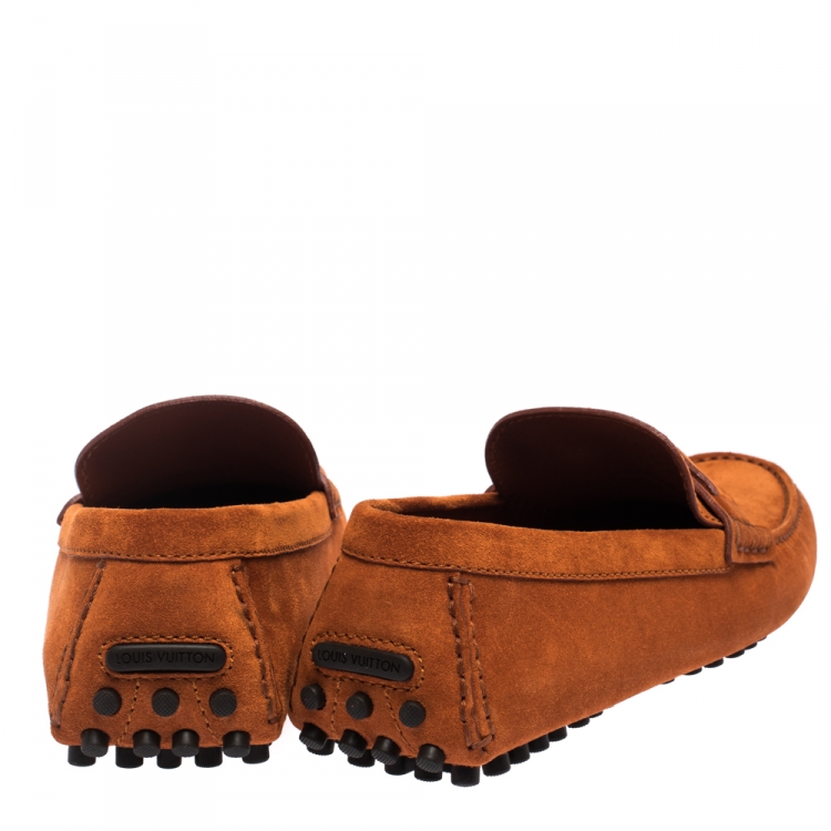 Pre Owned Louis Vuitton Orange Suede Hockenheim Loafers Size 43