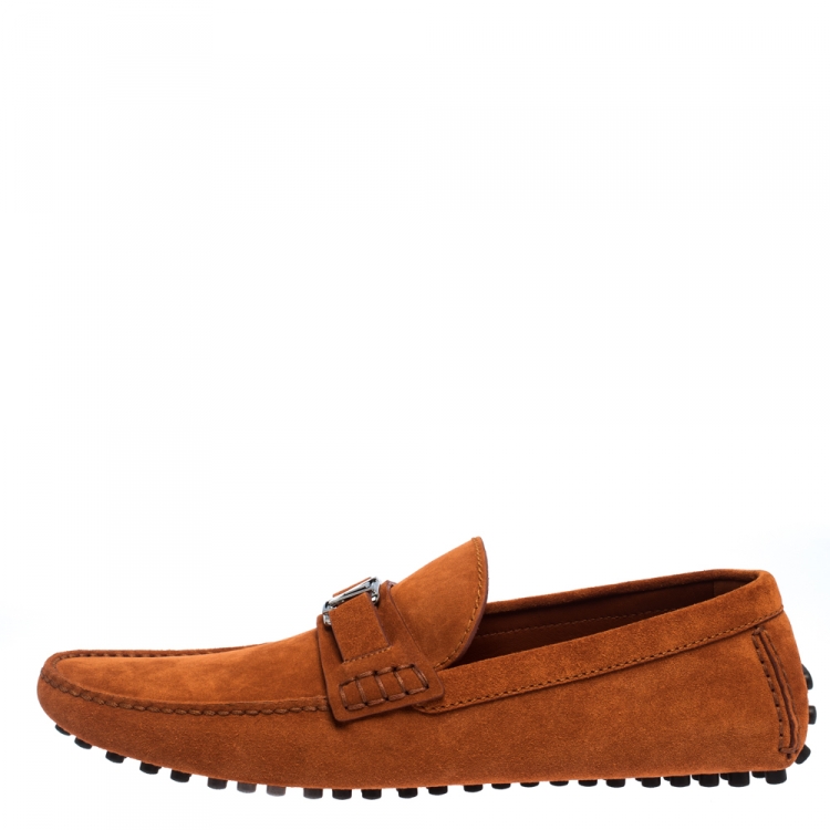 Pre Owned Louis Vuitton Orange Suede Hockenheim Loafers Size 43