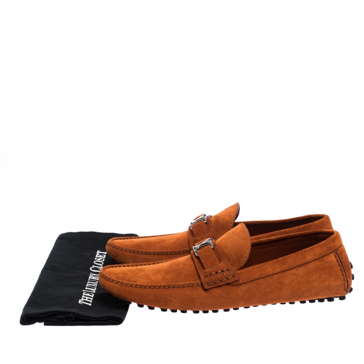 Pre Owned Louis Vuitton Orange Suede Hockenheim Loafers Size 43