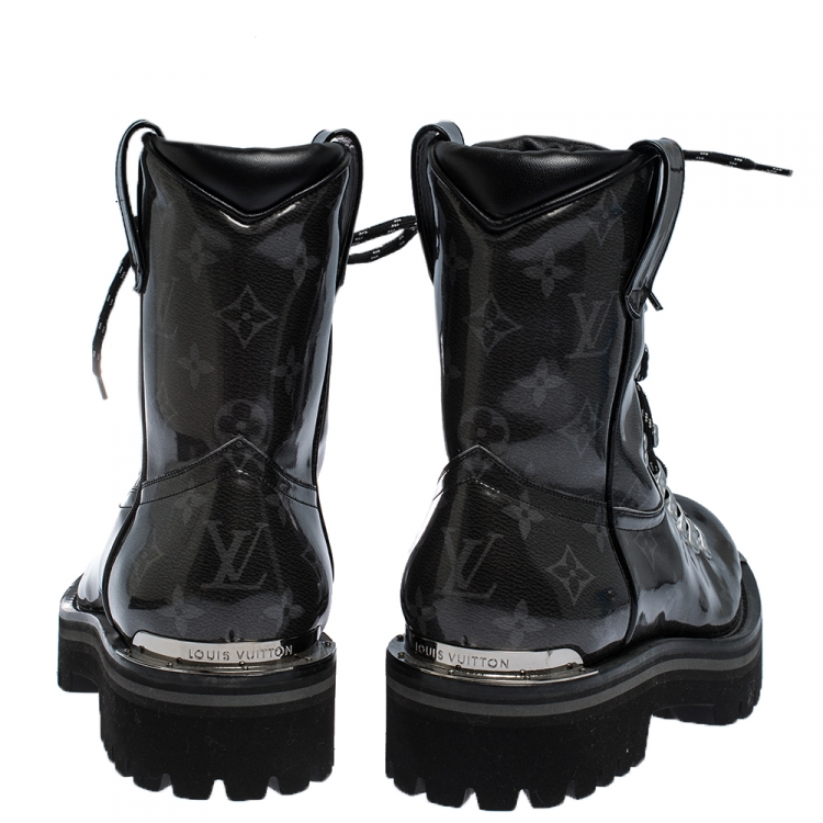 Pre Owned Louis Vuitton Grey/Black Monogram Patent Leather Lace Up Mid Calf Boots Size 41